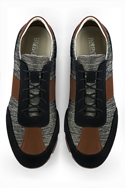 Matt black and caramel brown two-tone dress sneakers for men. Round toe. Flat rubber soles. Top view - Florence KOOIJMAN